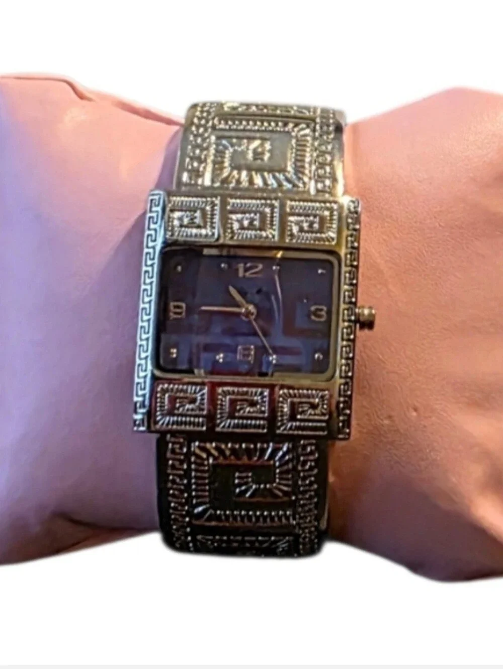 Kelly Stone Vintage Greek Key Pattern Silver Open Cuff Watch Square Purple Face